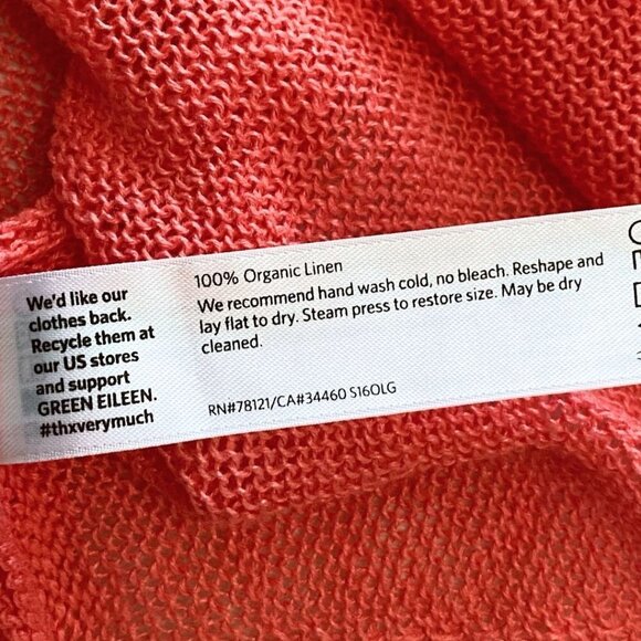 EILEEN FISHER NEON CORAL 100% ORGANIC LINEN OPEN KNIT SHORT TEE TOP - XS - Picture 9 of 9
